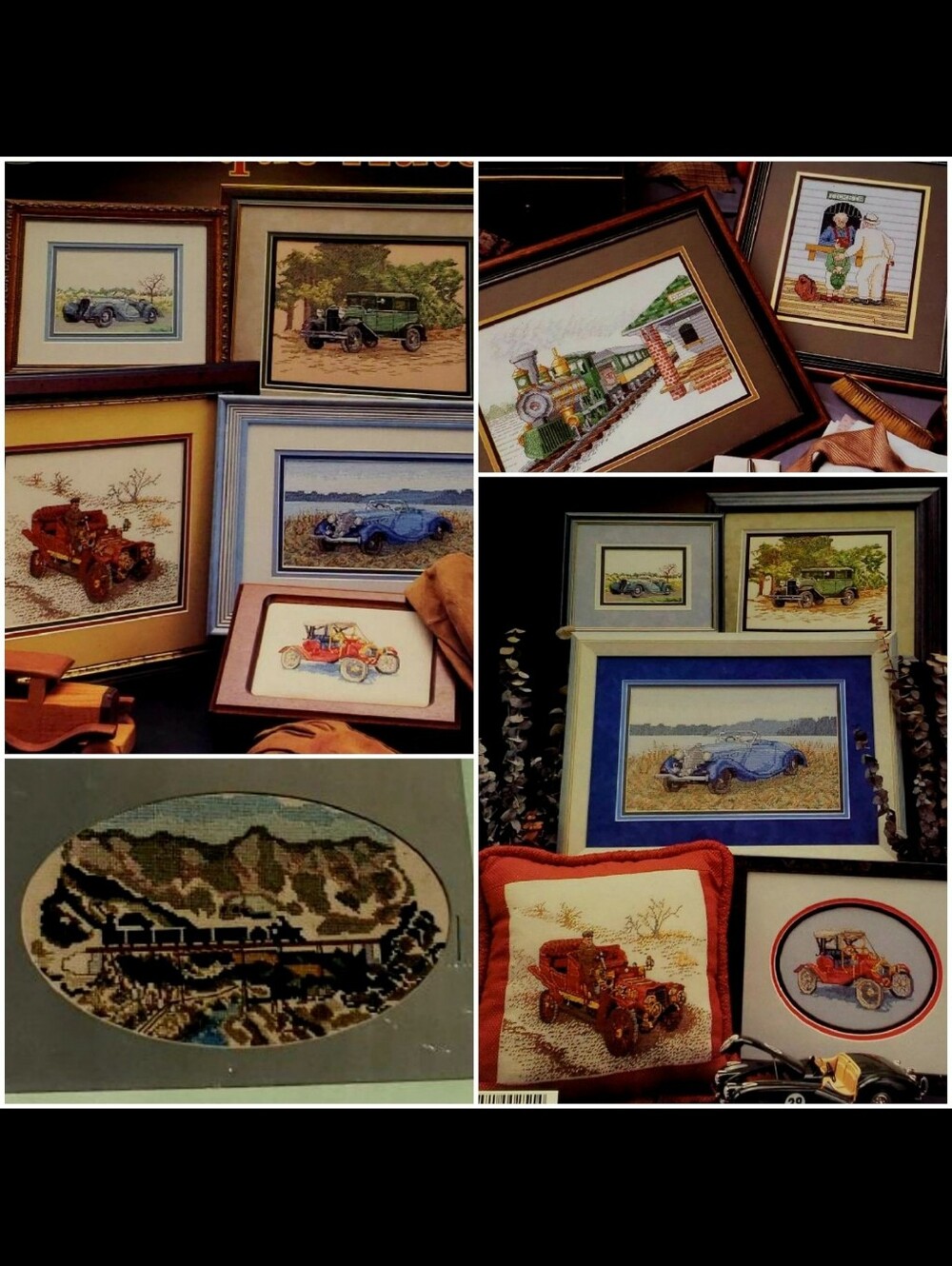 Trains & Antique Automobiles Cross-Stitch Lot Of Three (3)